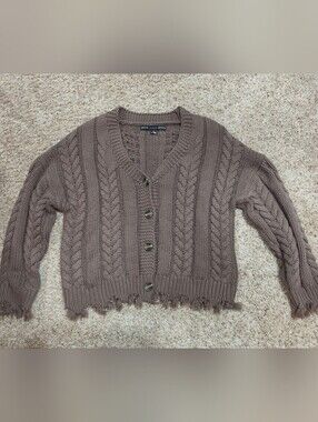 HYFVE Brown Mocha Chunky Cable Knit Cardigan w/ Distressed Fringe Hem Size Small